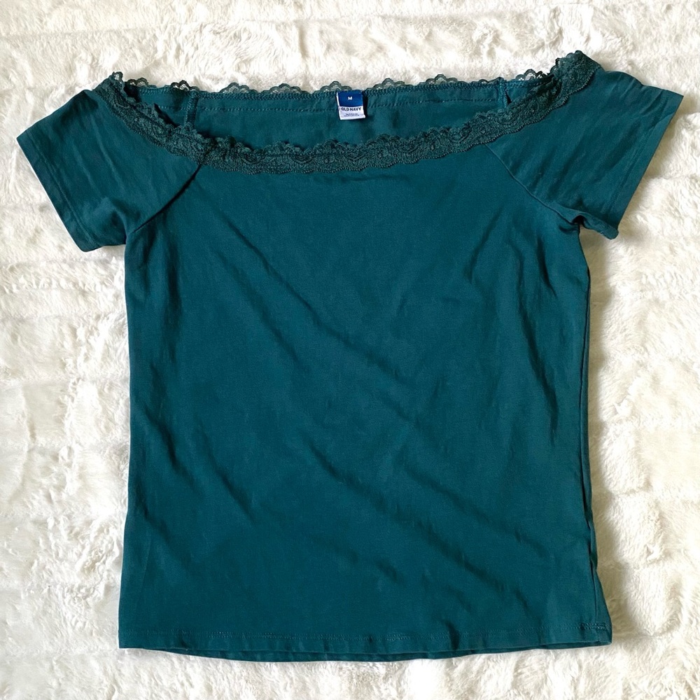 Women’s Teal Green Lace-Trim Off-the-Shoulder Top